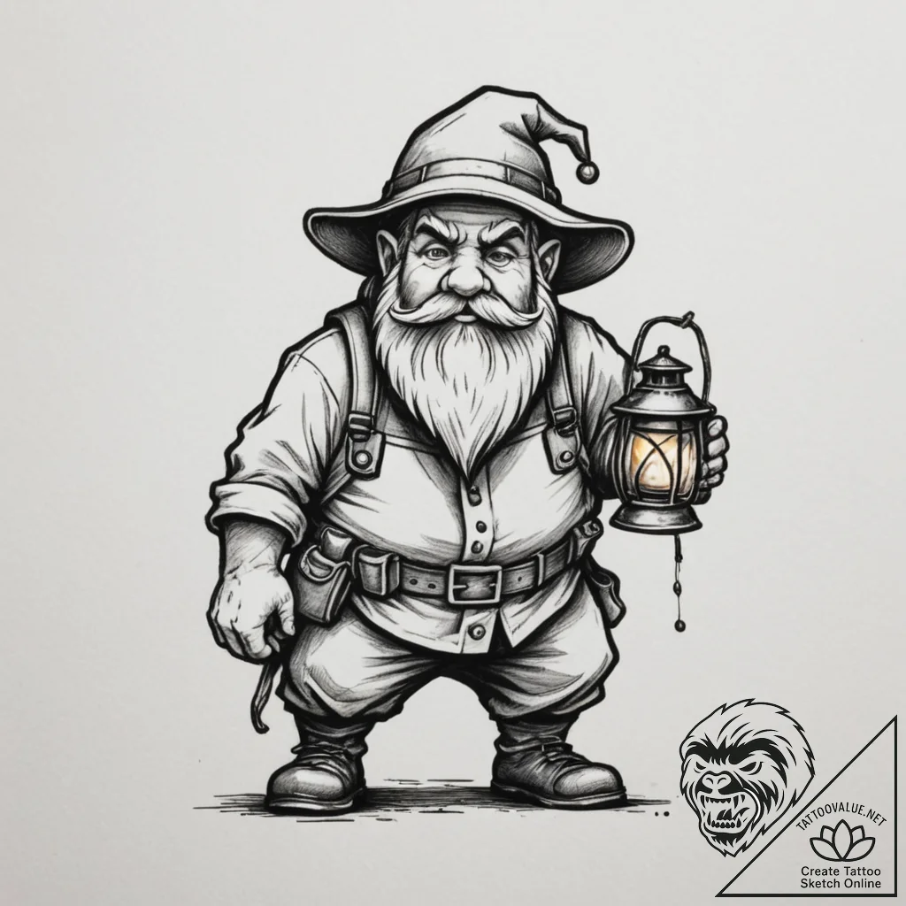 Dwarf miner with a lantern, tattoo sketch des... - tattoo sketch (№1755507325_0, 18.08.2025 08:55) — tattoovalue.net