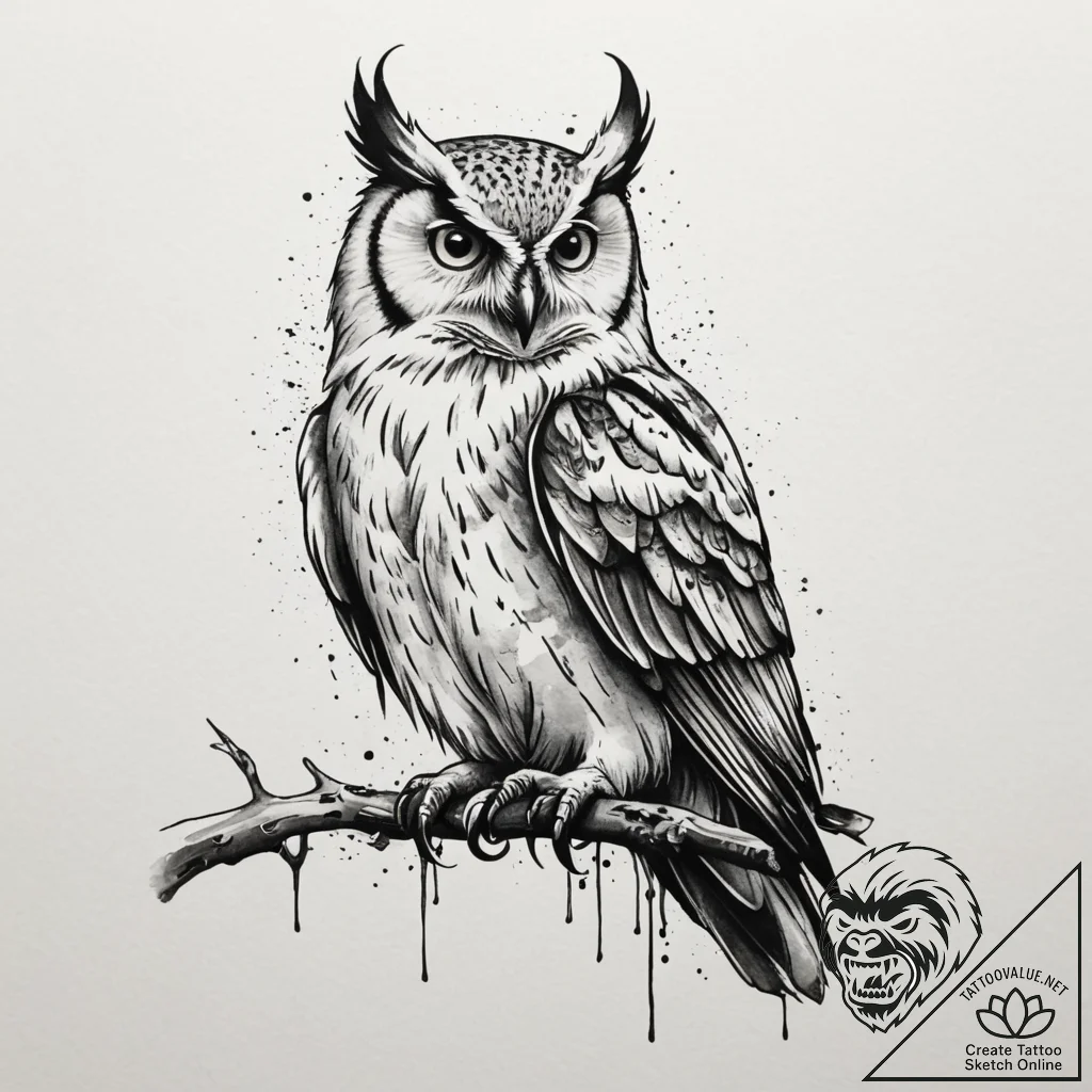 Tattoo design a stylized raven or owl watchin... - tattoo sketch (№1755507522_0, 18.08.2025 08:58) — tattoovalue.net