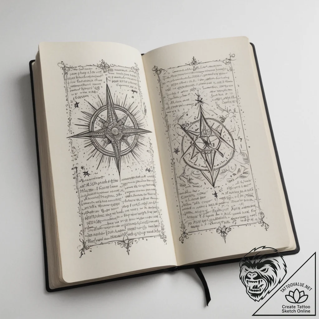 Tattoo design an open spellbook with glowing... - tattoo sketch (№1755508325_0, 18.08.2025 09:12) — tattoovalue.net