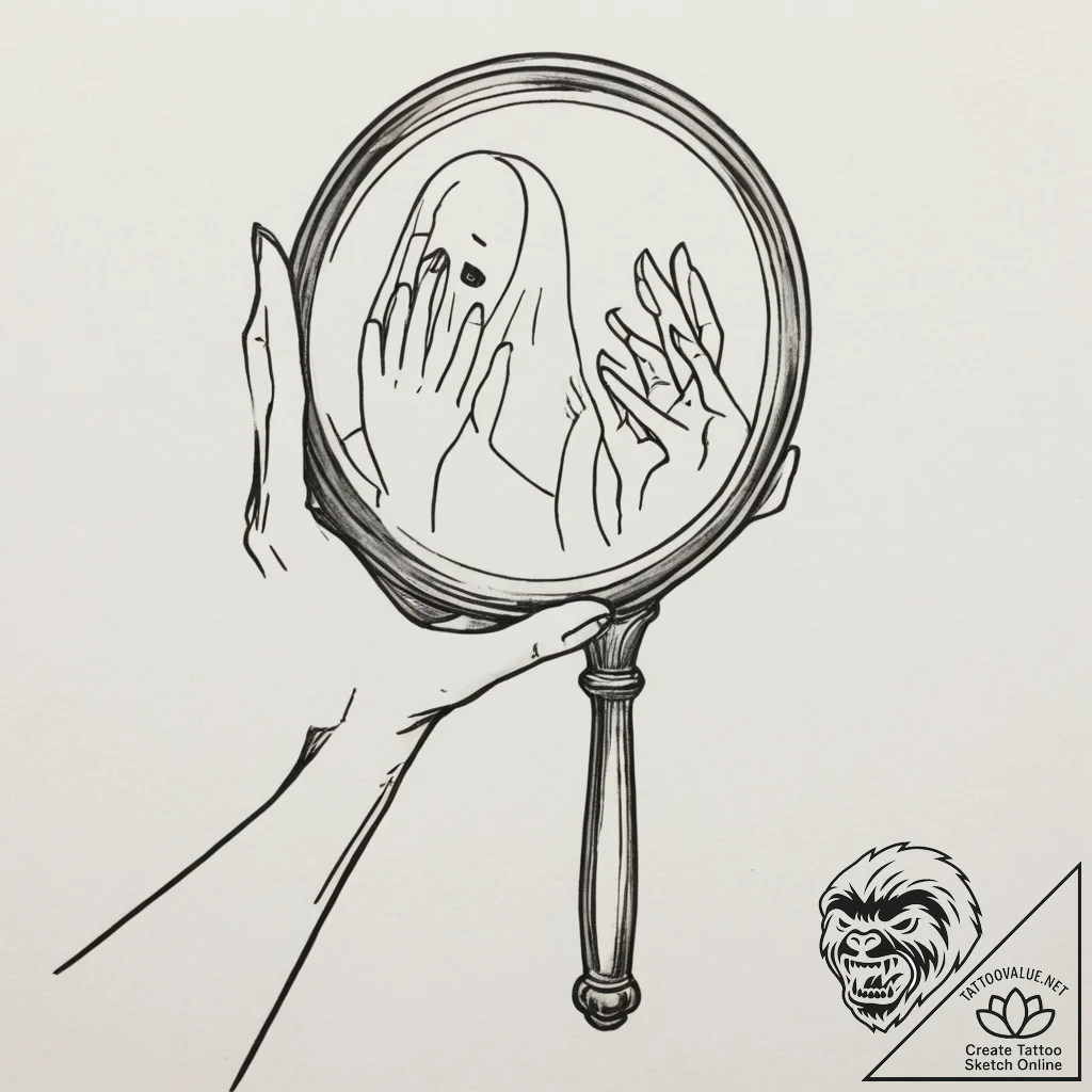 A hand mirror reflecting a ghostly figure, in... - tattoo sketch (№1755510761_0, 18.08.2025 09:52) — tattoovalue.net