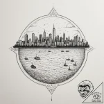 A ferry crossing a body of water with a city… – tattoo sketch (№1755519118_0, 18.08.2025 12:11) — tattoovalue.net