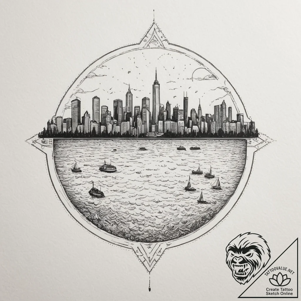 A ferry crossing a body of water with a city... - tattoo sketch (№1755519118_0, 18.08.2025 12:11) — tattoovalue.net
