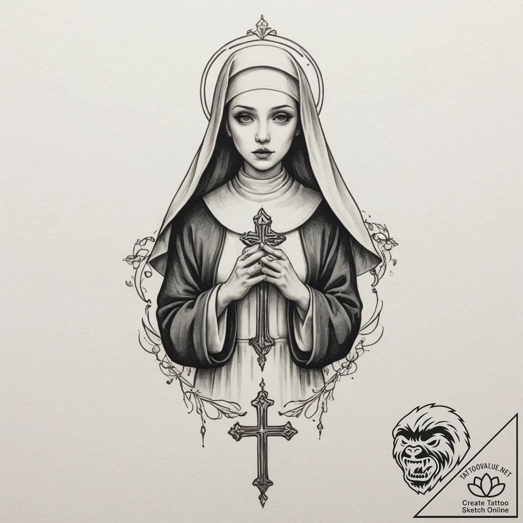 Nun, artistic tattoo sketch, minimalist tatto... - tattoo sketch (№1755519712_0, 18.08.2025 12:21) — tattoovalue.net