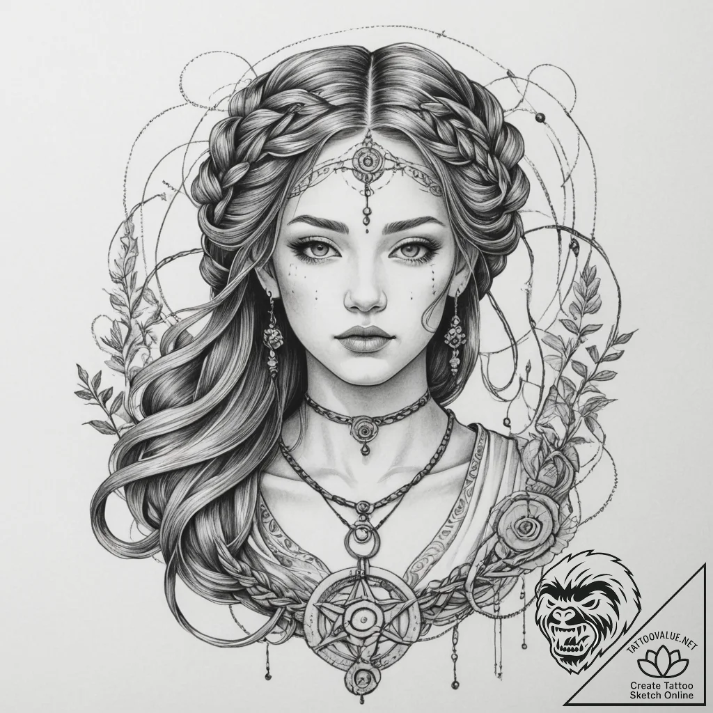 Tattoo sketch: mokosh, depicted as a serene w... - tattoo sketch (№1755520712_0, 18.08.2025 12:38) — tattoovalue.net