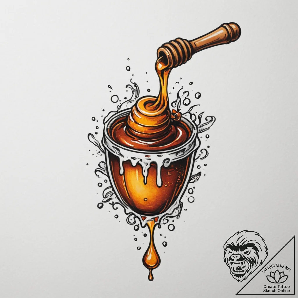 A close-up of honey dripping from a wooden di... - tattoo sketch (№1755521309_0, 18.08.2025 12:48) — tattoovalue.net