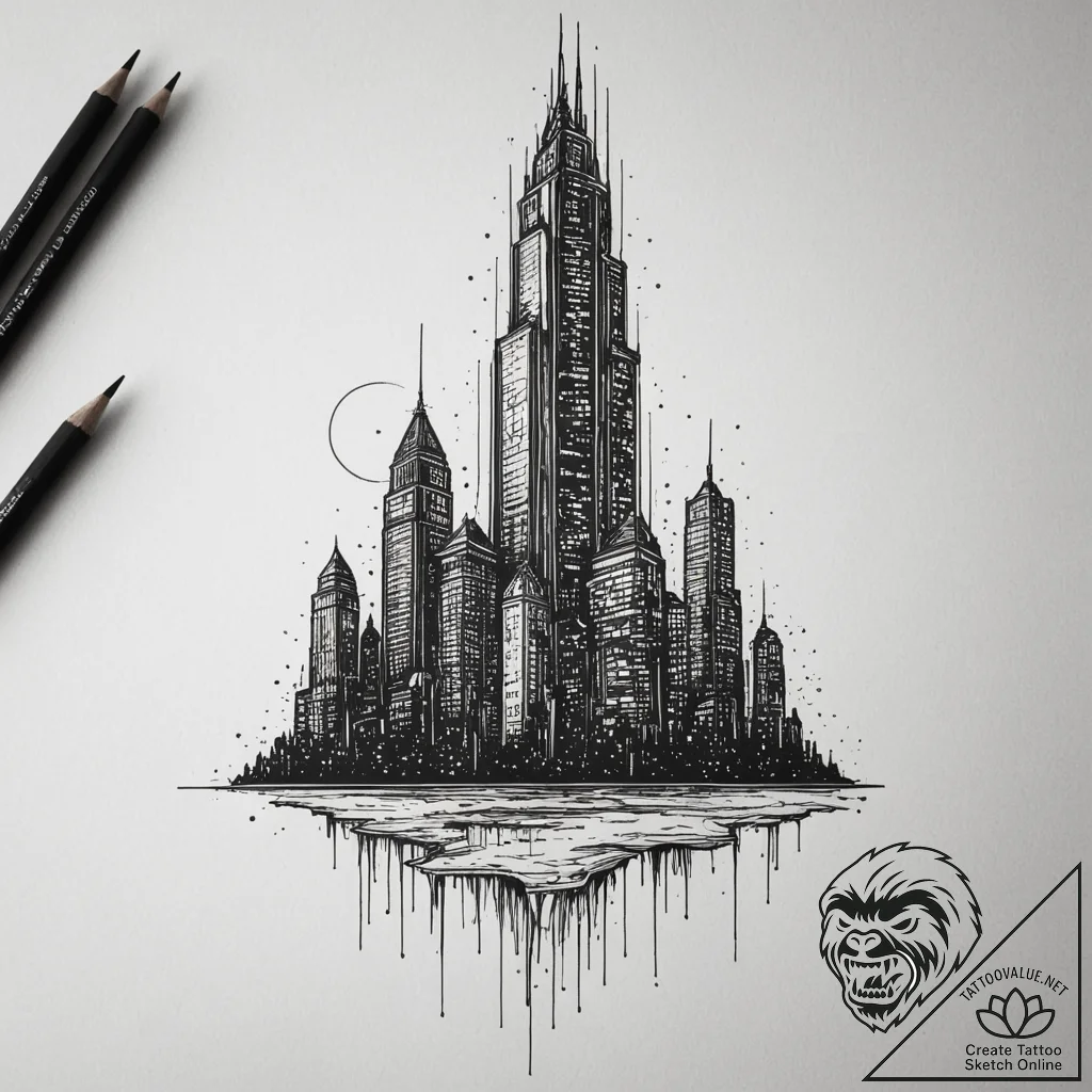Tattoo design a futuristic city skyscraper wi... - tattoo sketch (№1755521708_0, 18.08.2025 12:55) — tattoovalue.net