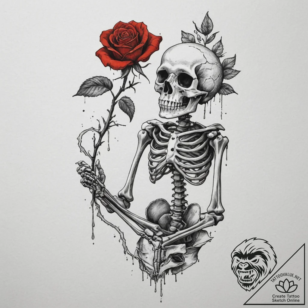 A skeleton watering a single living rose, tat... - tattoo sketch (№1755522312_0, 18.08.2025 13:05) — tattoovalue.net