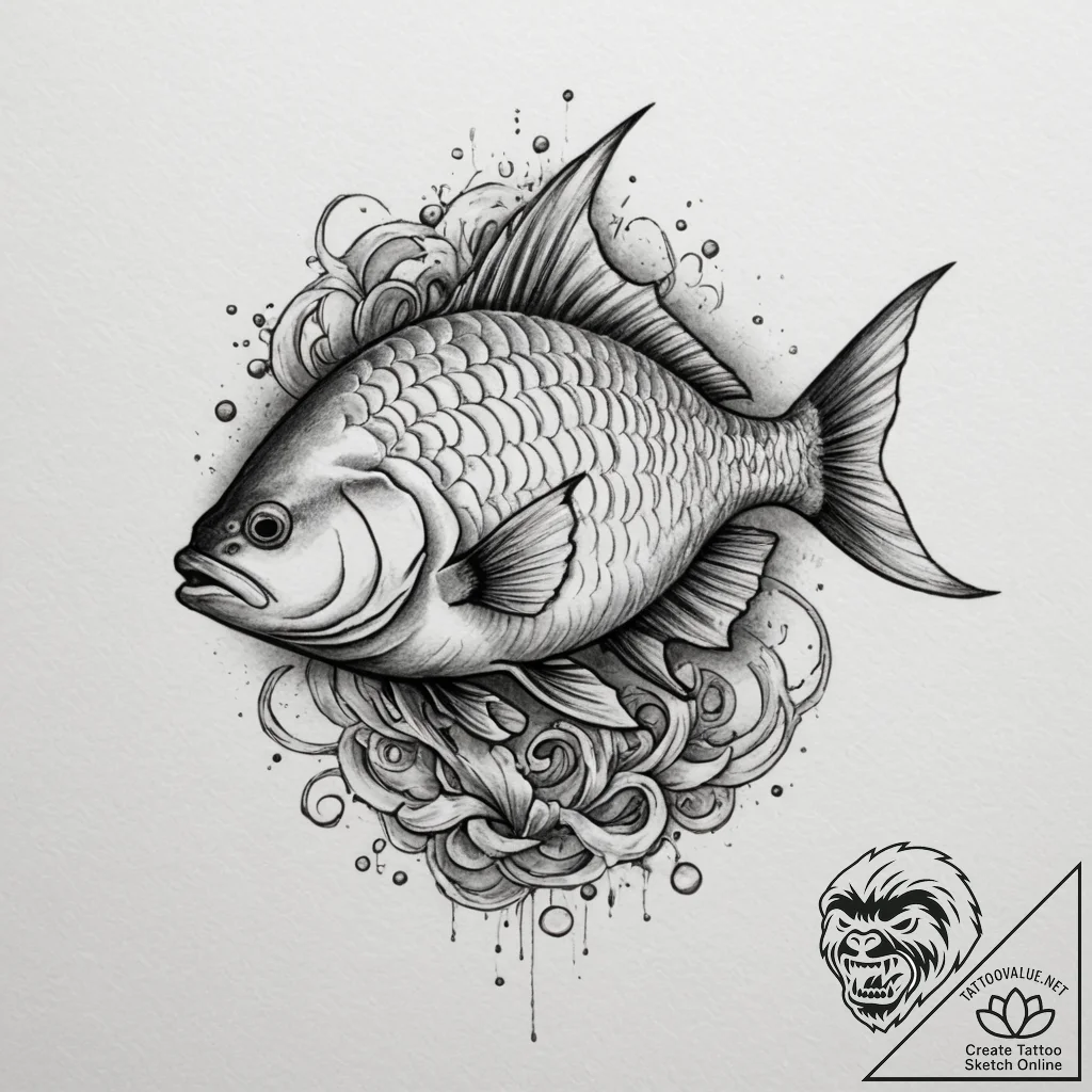 Fish, ink illustration for tattoo, sepia tone... - tattoo sketch (№1755538556_0, 18.08.2025 17:35) — tattoovalue.net