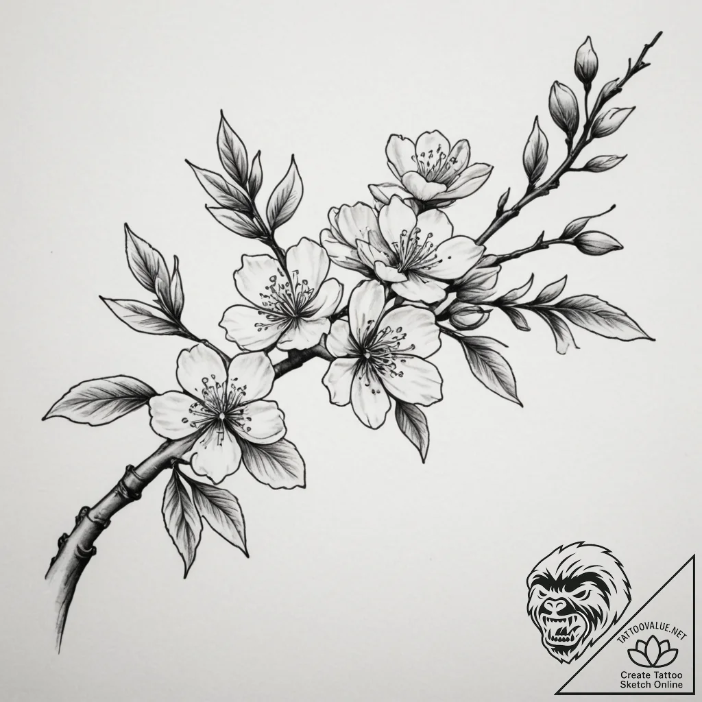 Tattoo design a delicate cherry blossom branc... - tattoo sketch (№1755543049_0, 18.08.2025 18:50) — tattoovalue.net