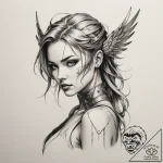 Cyberpunk valkyrie, tattoo line art, fine lin… – tattoo sketch (№1755543842_0, 18.08.2025 19:04) — tattoovalue.net