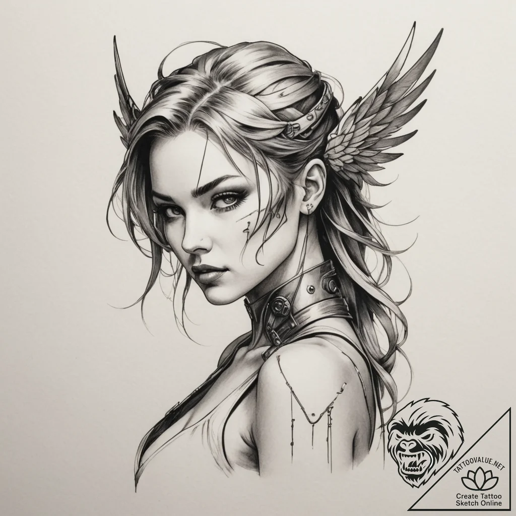 Cyberpunk valkyrie, tattoo line art, fine lin... - tattoo sketch (№1755543842_0, 18.08.2025 19:04) — tattoovalue.net