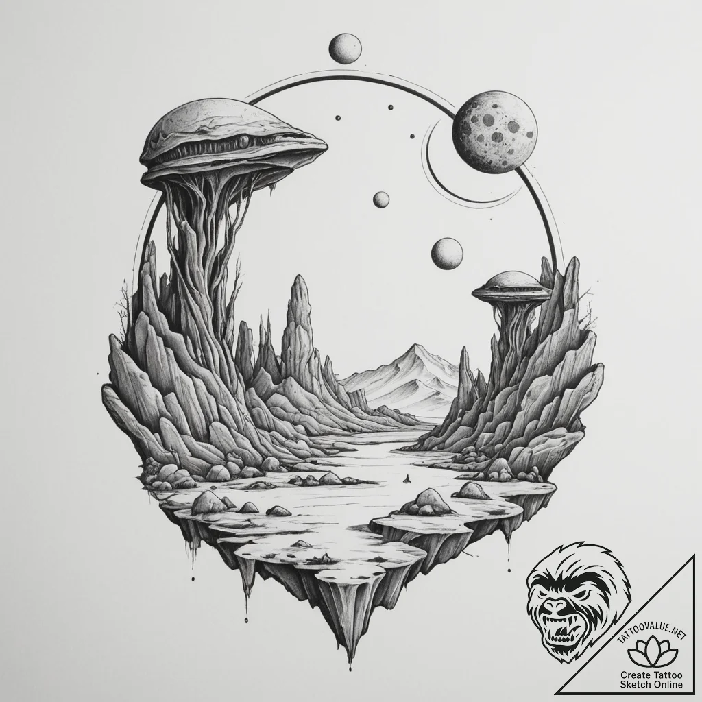 Tattoo sketch an alien landscape with strange... - tattoo sketch (№1755544439_0, 18.08.2025 19:13) — tattoovalue.net