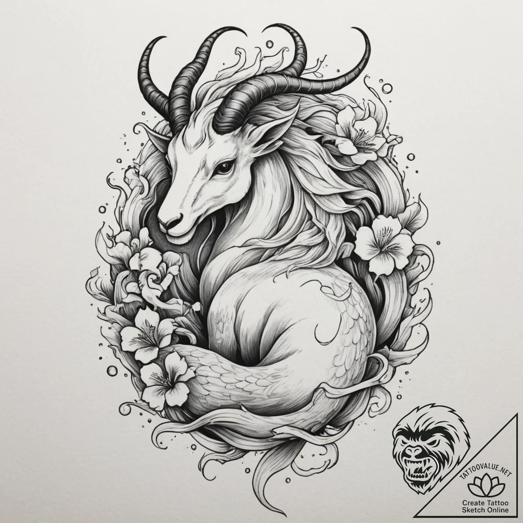 Tattoo design a capricorn goat-fish with a ti... - tattoo sketch (№1755546421_0, 18.08.2025 19:47) — tattoovalue.net