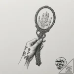 A hand mirror reflecting a ghostly figure, ar… – tattoo sketch (№1755547415_0, 18.08.2025 20:03) — tattoovalue.net