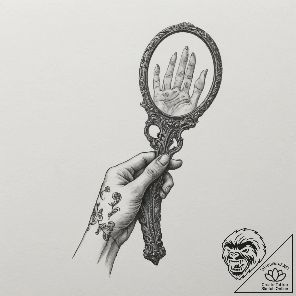 A hand mirror reflecting a ghostly figure, ar... - tattoo sketch (№1755547415_0, 18.08.2025 20:03) — tattoovalue.net