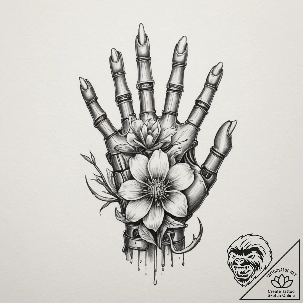 Robotic hand holding a real flower, ink illus... - tattoo sketch (№1755548208_0, 18.08.2025 20:16) — tattoovalue.net