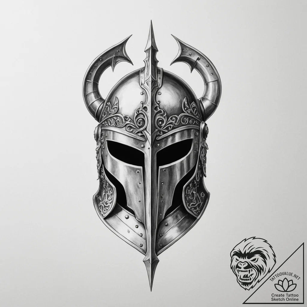 Tattoo design a detailed medieval helmet with... - tattoo sketch (№1755549399_0, 18.08.2025 20:36) — tattoovalue.net