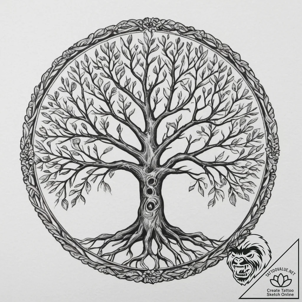 A graphic tattoo design featuring the tree of... - tattoo sketch (№1755550983_0, 18.08.2025 21:03) — tattoovalue.net