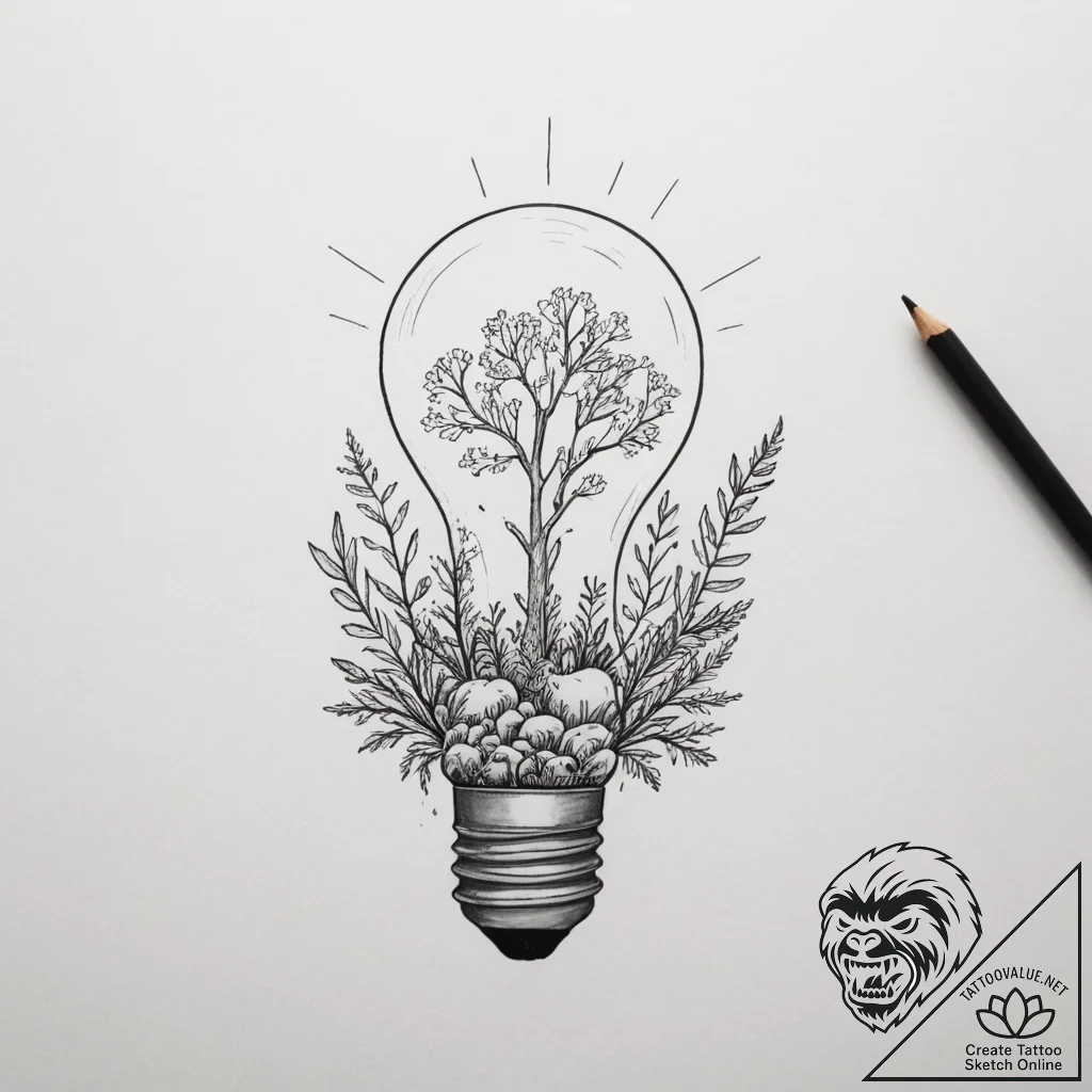 A lightbulb containing a tiny ecosystem - tattoo sketch (№1755551181_0, 18.08.2025 21:06) — tattoovalue.net