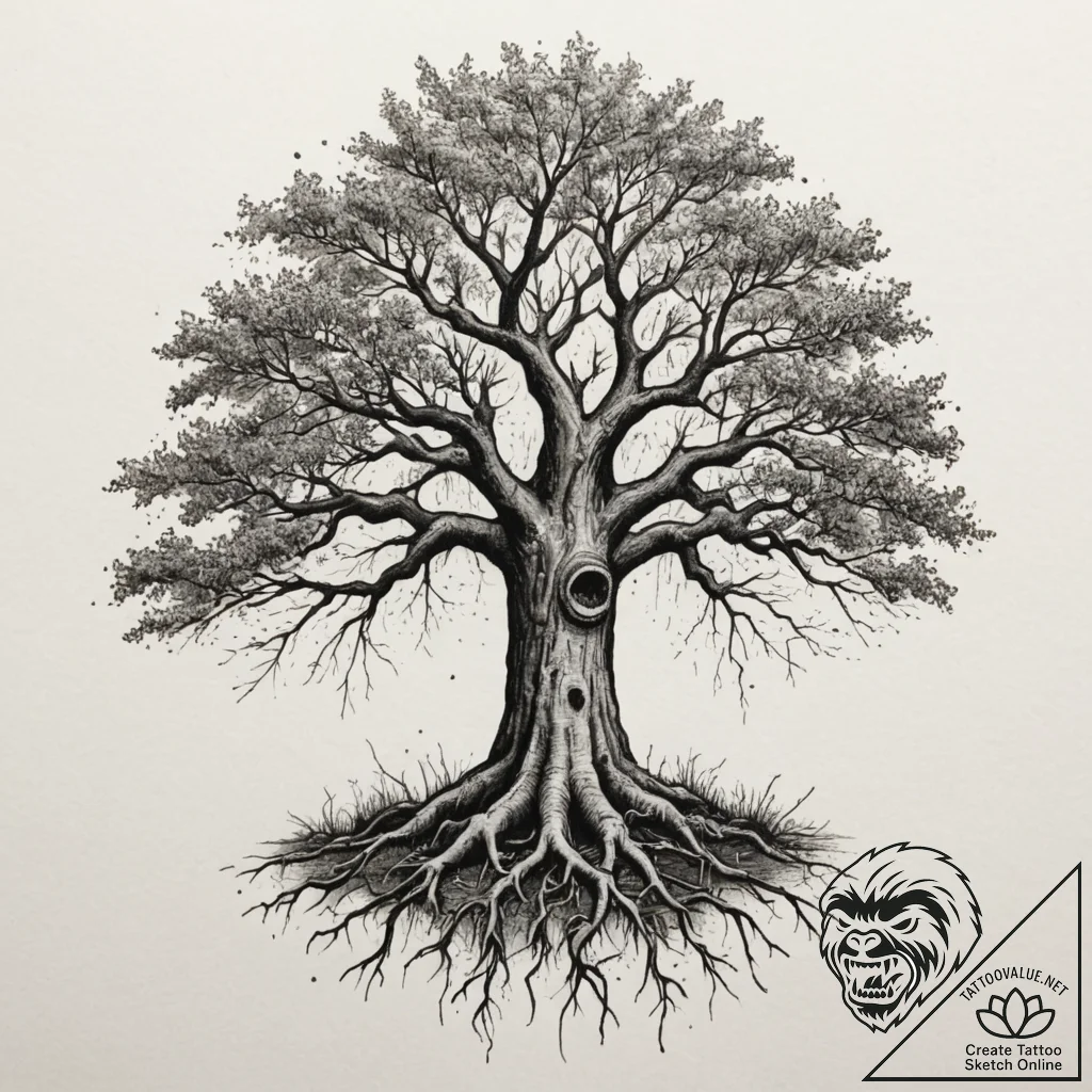 Tattoo design a powerful oak tree, its roots... - tattoo sketch (№1755553363_0, 18.08.2025 21:42) — tattoovalue.net
