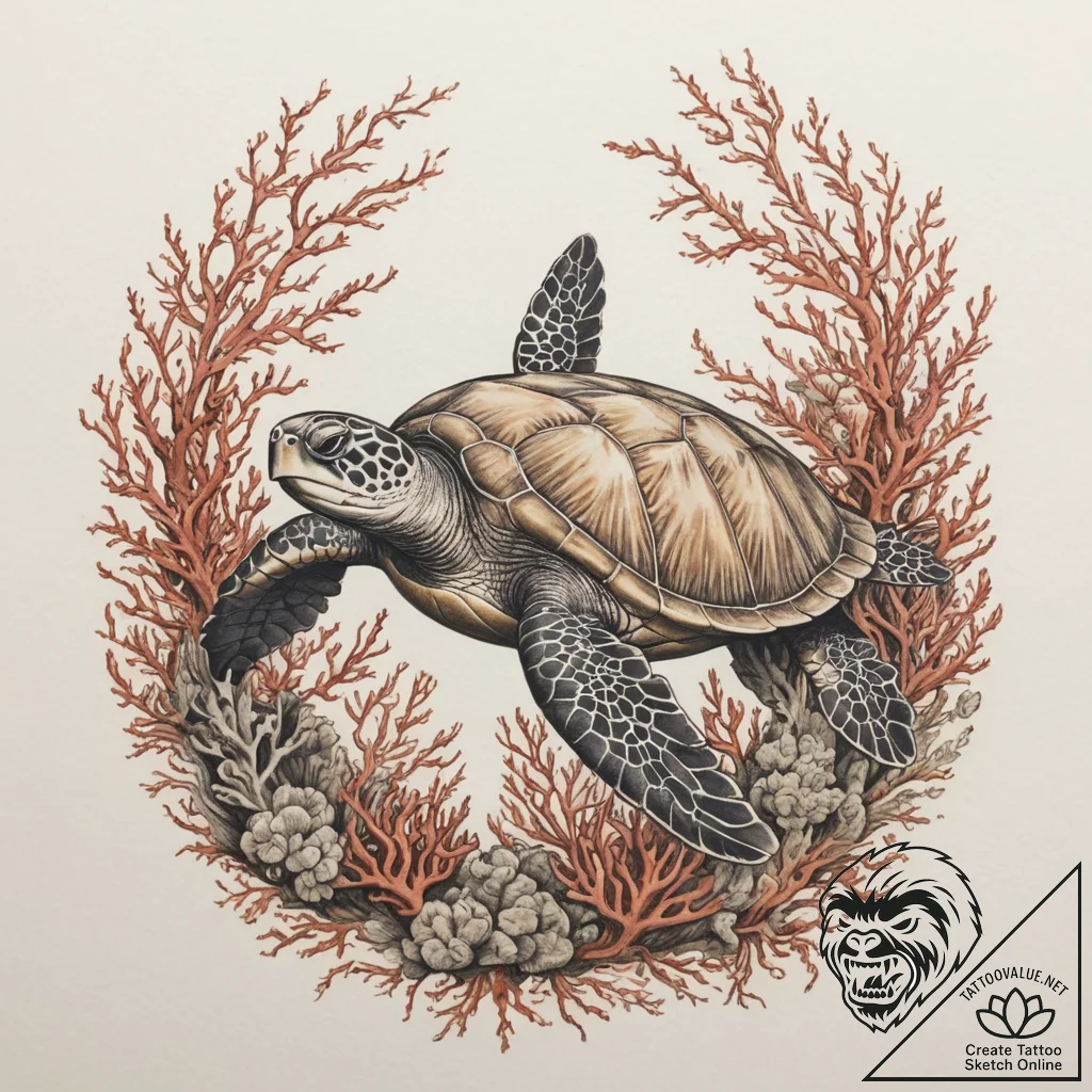 A sea turtle gracefully swimming over a vibra... - tattoo sketch (№1755554352_0, 18.08.2025 21:59) — tattoovalue.net