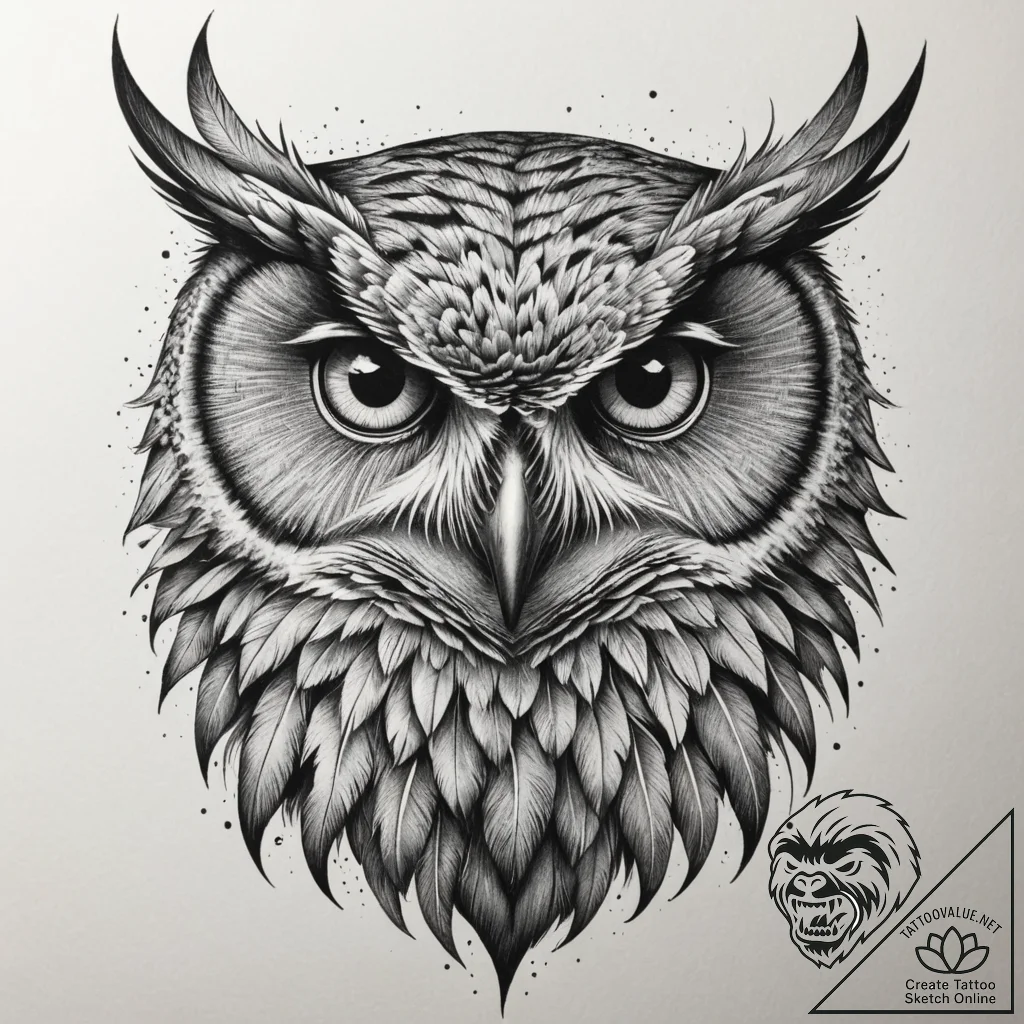 Tattoo design a powerful, unblinking owl's ey... - tattoo sketch (№1755554749_0, 18.08.2025 22:05) — tattoovalue.net