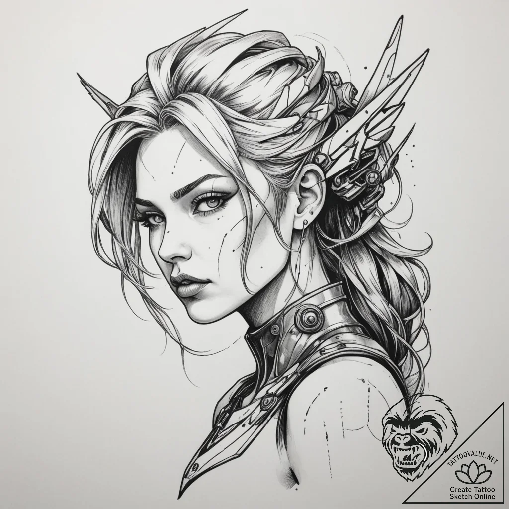 Cyberpunk valkyrie, ink illustration for tatt... - tattoo sketch (№1755556543_0, 18.08.2025 22:35) — tattoovalue.net