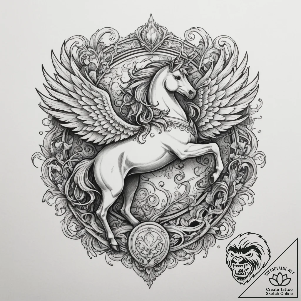 A carousel of mythical creatures (griffin, un... - tattoo sketch (№1755557141_0, 18.08.2025 22:45) — tattoovalue.net