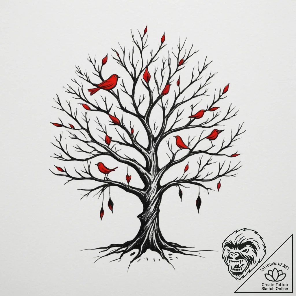 Tattoo design a tree whose leaves are tiny bi... - tattoo sketch (№1755557743_0, 18.08.2025 22:55) — tattoovalue.net