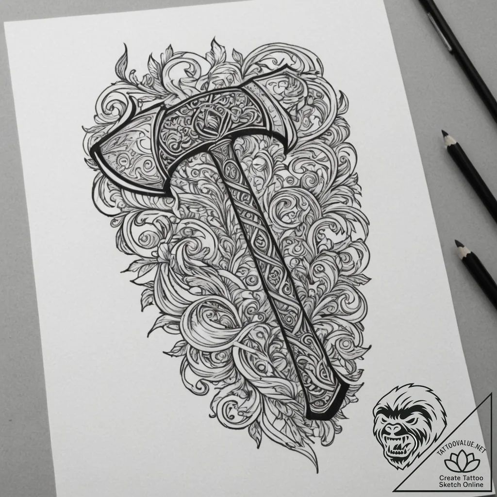 Axe, artistic tattoo sketch, black outline on... - tattoo sketch (№1755557945_0, 18.08.2025 22:59) — tattoovalue.net