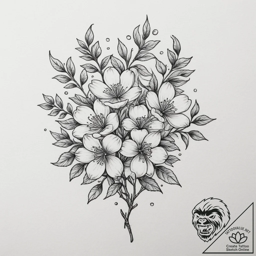 Tattoo design a branch with multiple blossoms... - tattoo sketch (№1755561945_0, 19.08.2025 00:05) — tattoovalue.net