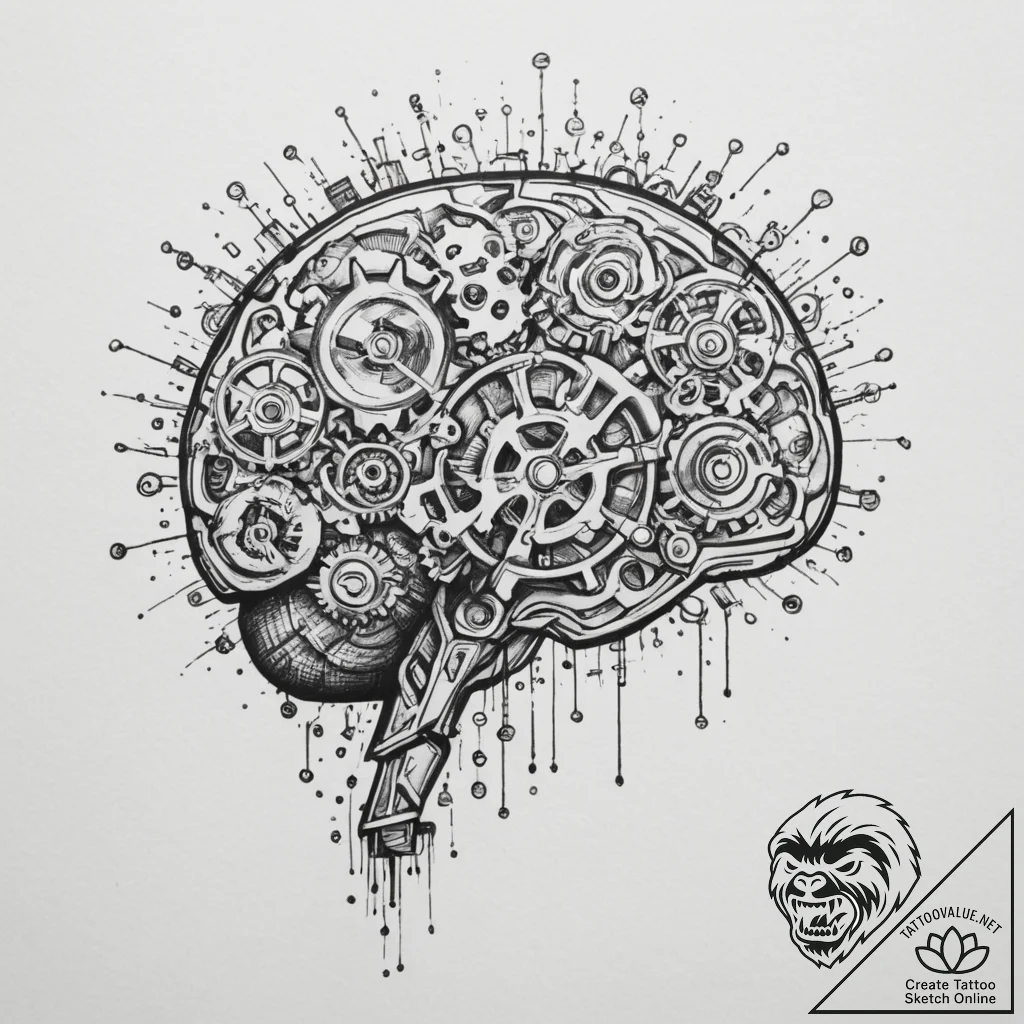 Tattoo sketch a brain with gears and circuits... - tattoo sketch (№1755562556_0, 19.08.2025 00:15) — tattoovalue.net