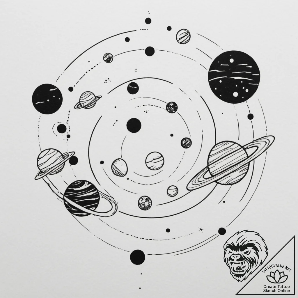 Tattoo sketch a solar system where each plane... - tattoo sketch (№1755563958_0, 19.08.2025 00:39) — tattoovalue.net
