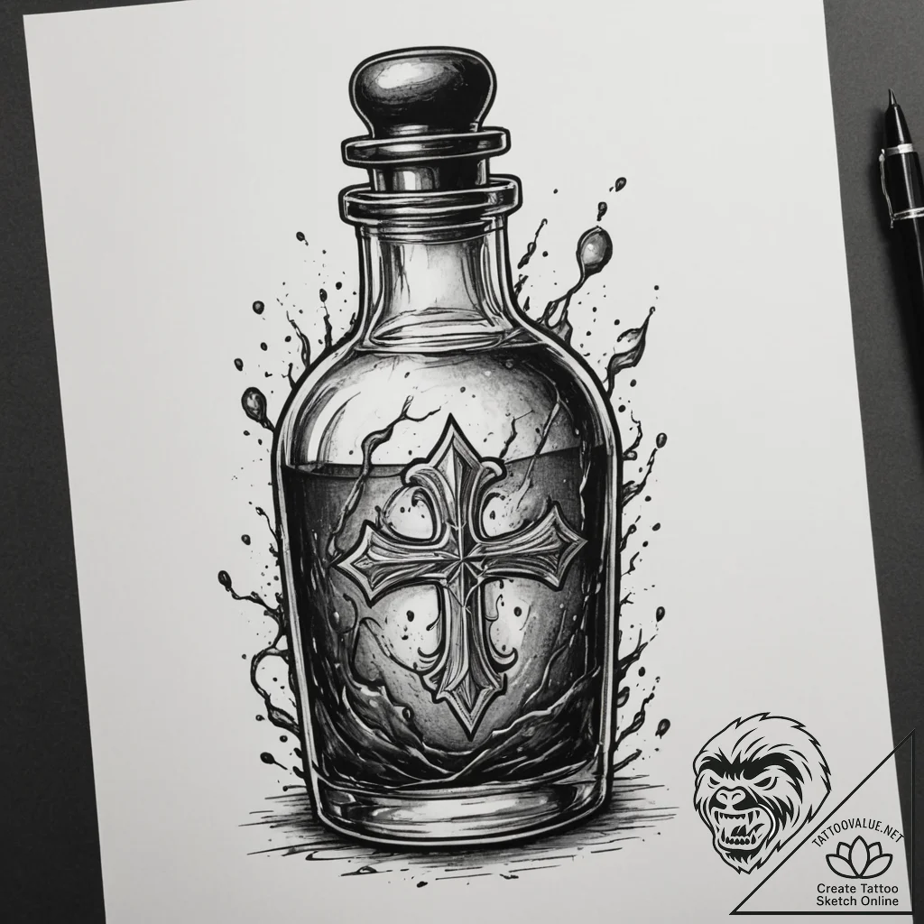 A health potion bottle (from video games), in... - tattoo sketch (№1755565568_0, 19.08.2025 01:06) — tattoovalue.net