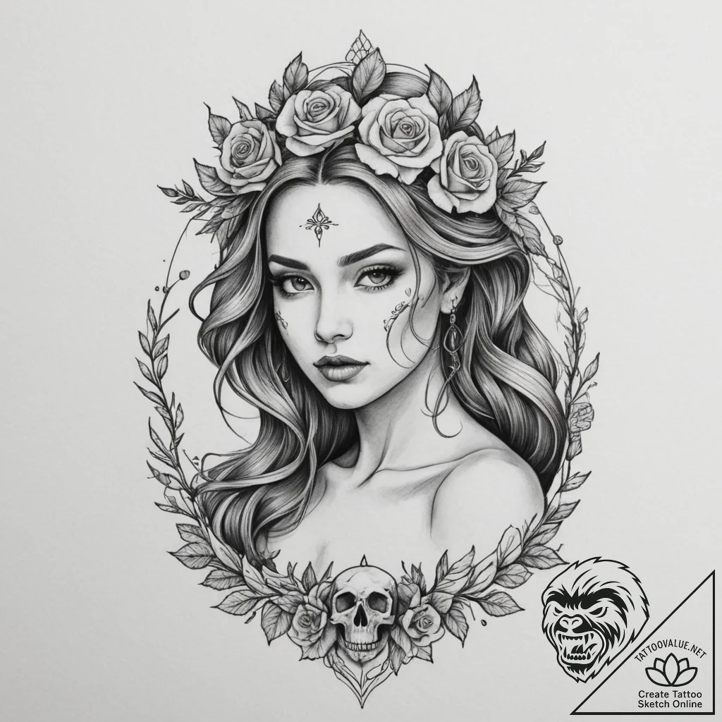 Tattoo design a virgo maiden whose hair trans... - tattoo sketch (№1755565772_0, 19.08.2025 01:09) — tattoovalue.net