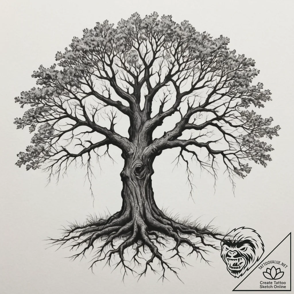 Tattoo design a pair of oak trees, their root... - tattoo sketch (№1755569734_0, 19.08.2025 02:15) — tattoovalue.net