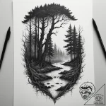 Tattoo design: a dark, mystical forest scene… – tattoo sketch (№1755570532_0, 19.08.2025 02:28) — tattoovalue.net