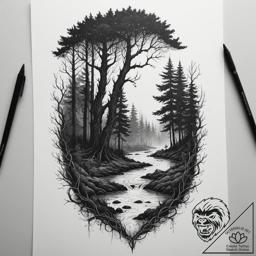Tattoo design: a dark, mystical forest scene... - tattoo sketch (№1755570532_0, 19.08.2025 02:28) — tattoovalue.net