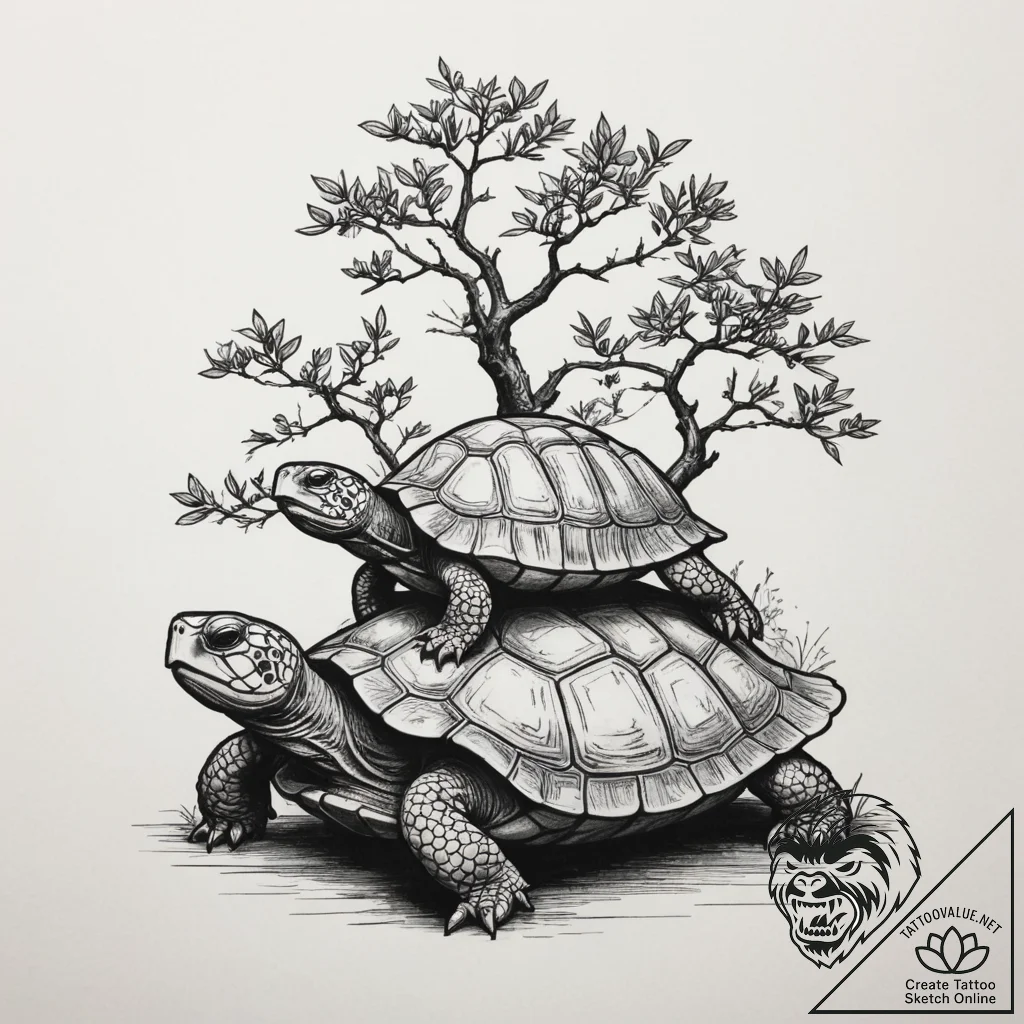 A bonsai tree growing on a turtle's back, tat... - tattoo sketch (№1755571532_0, 19.08.2025 02:45) — tattoovalue.net