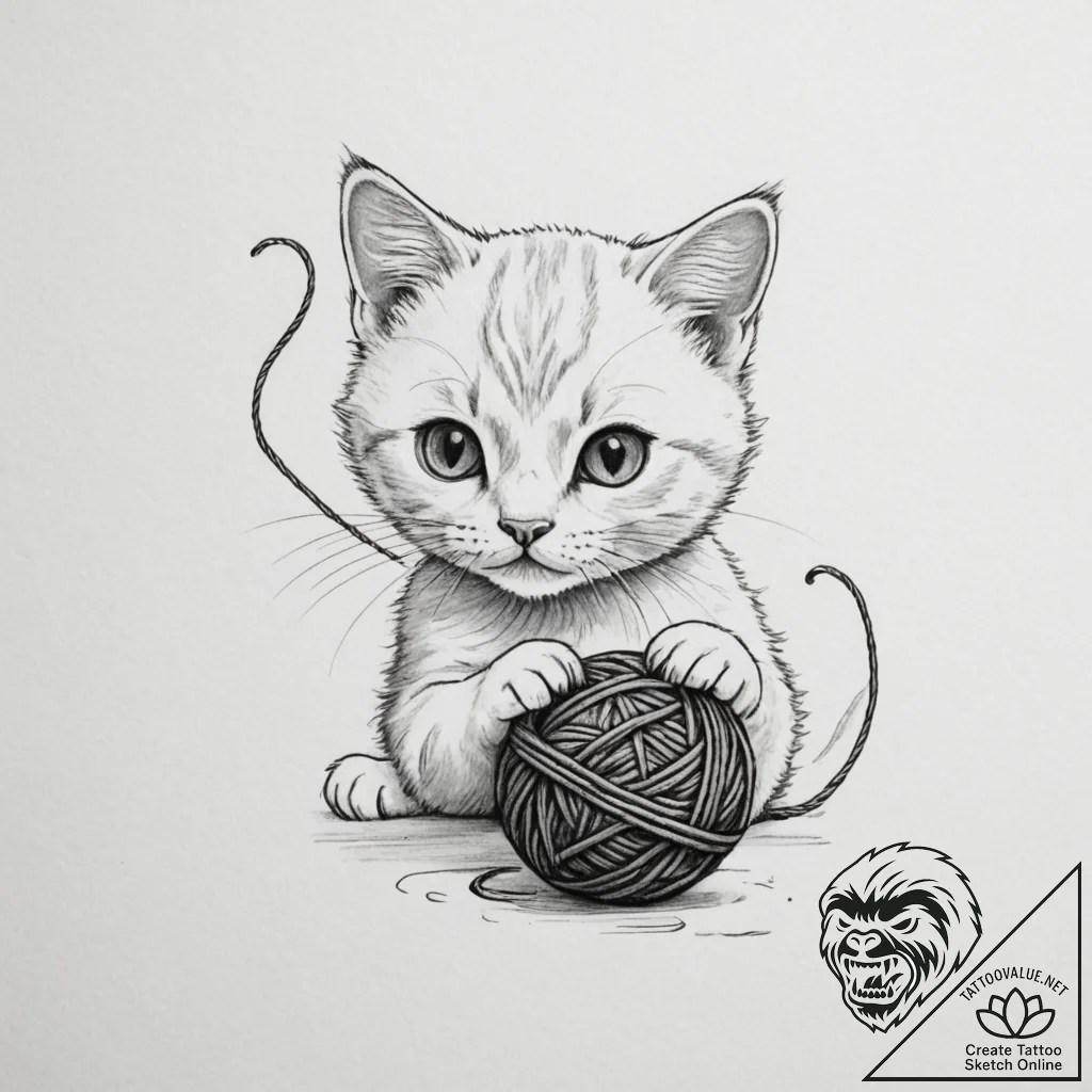 Tattoo design a small, mischievous cat playin... - tattoo sketch (№1755572534_0, 19.08.2025 03:02) — tattoovalue.net