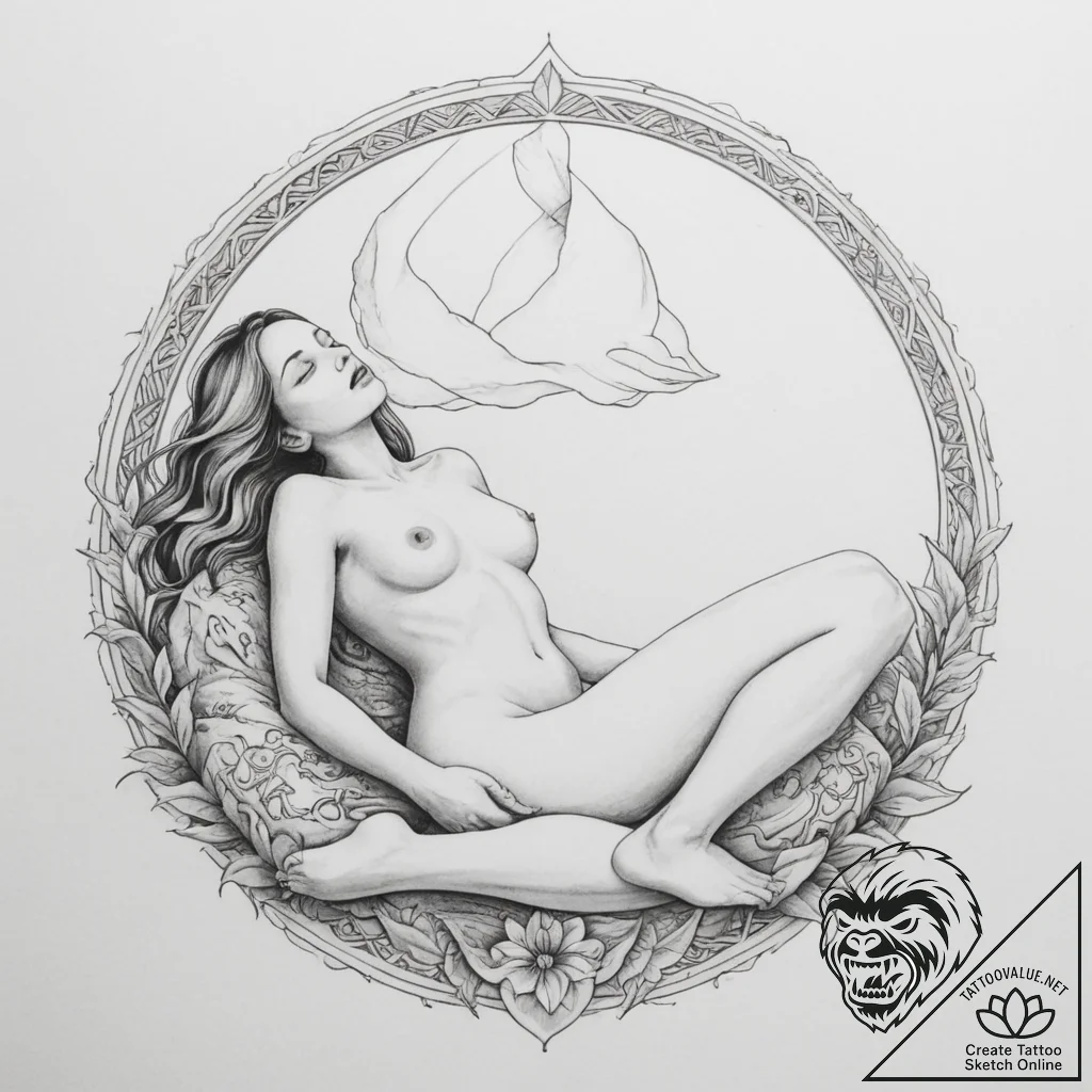 Tattoo sketch: a lunitsa protecting a sleepin... - tattoo sketch (№1755574526_0, 19.08.2025 03:35) — tattoovalue.net