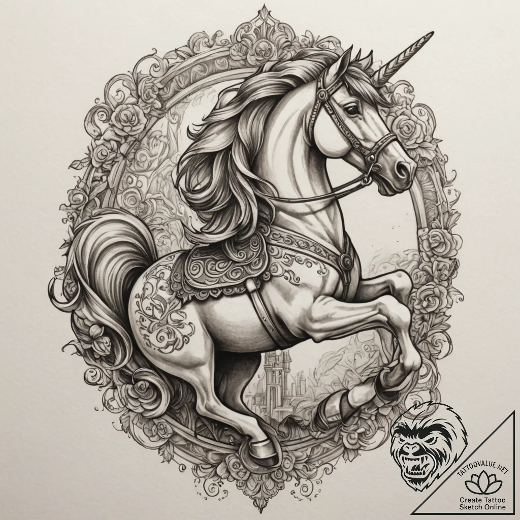 Carousel horse, ink illustration for tattoo,... - tattoo sketch (№1755575321_0, 19.08.2025 03:48) — tattoovalue.net
