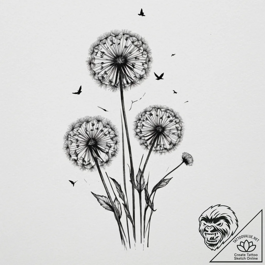 Dandelion with birds, tattoo line art, black... - tattoo sketch (№1755575917_0, 19.08.2025 03:58) — tattoovalue.net