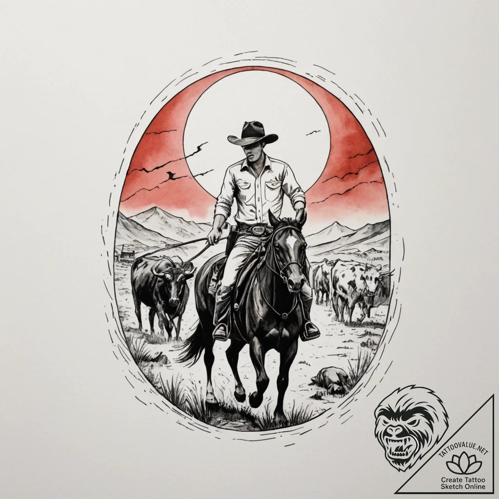 A shot of a lone cowboy herding cattle at sun... - tattoo sketch (№1755576116_0, 19.08.2025 04:01) — tattoovalue.net