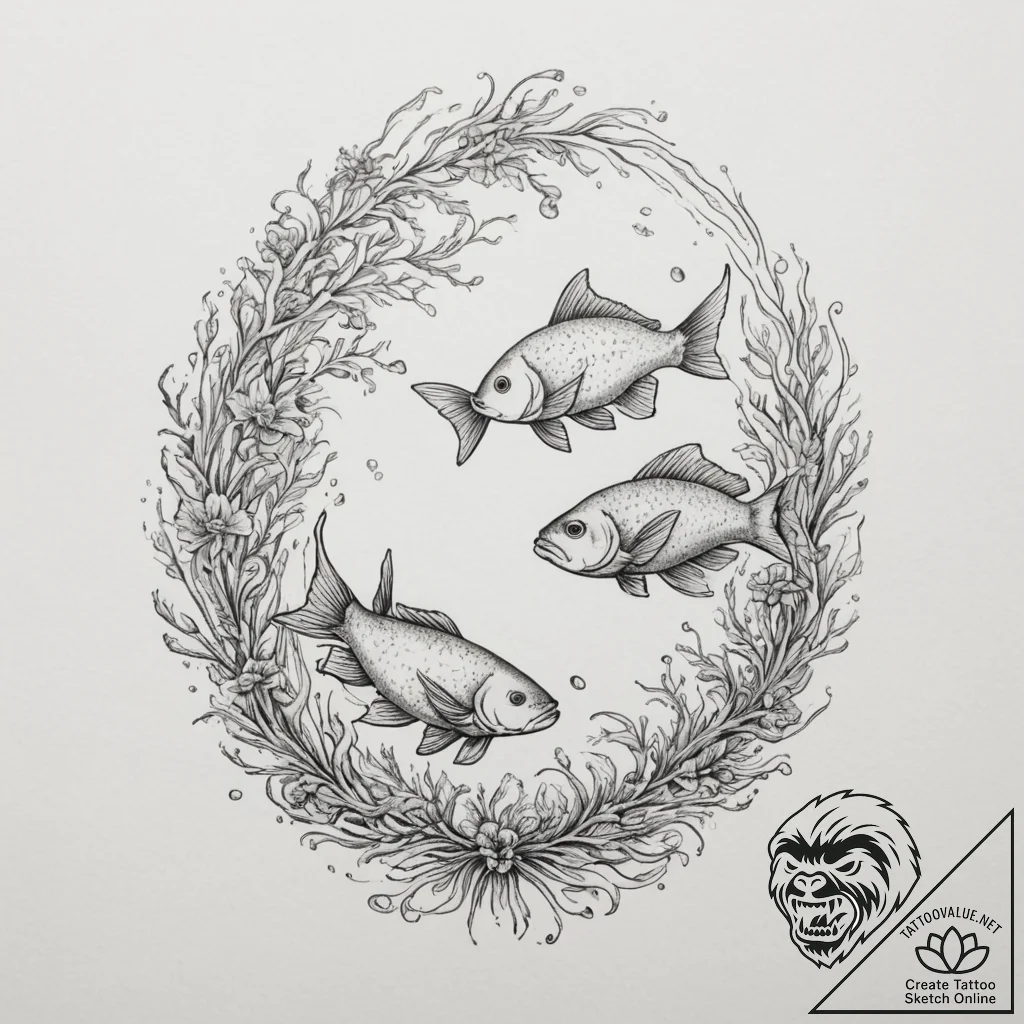 Tattoo design pisces fish, swimming among del... - tattoo sketch (№1755579291_0, 19.08.2025 04:54) — tattoovalue.net
