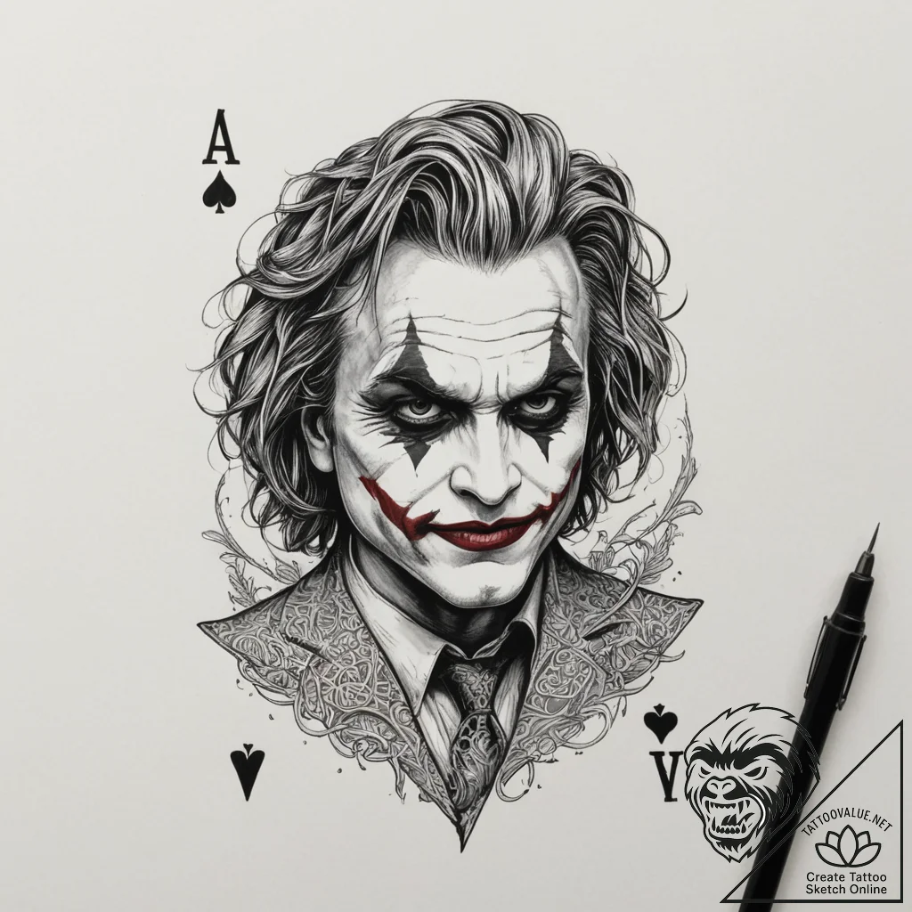 The joker's playing card, tattoo line art, de... - tattoo sketch (№1755581077_0, 19.08.2025 05:24) — tattoovalue.net