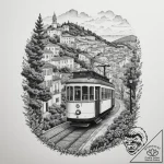 A vintage tram climbing a steep hill in lisbo… – tattoo sketch (№1755581472_0, 19.08.2025 05:31) — tattoovalue.net