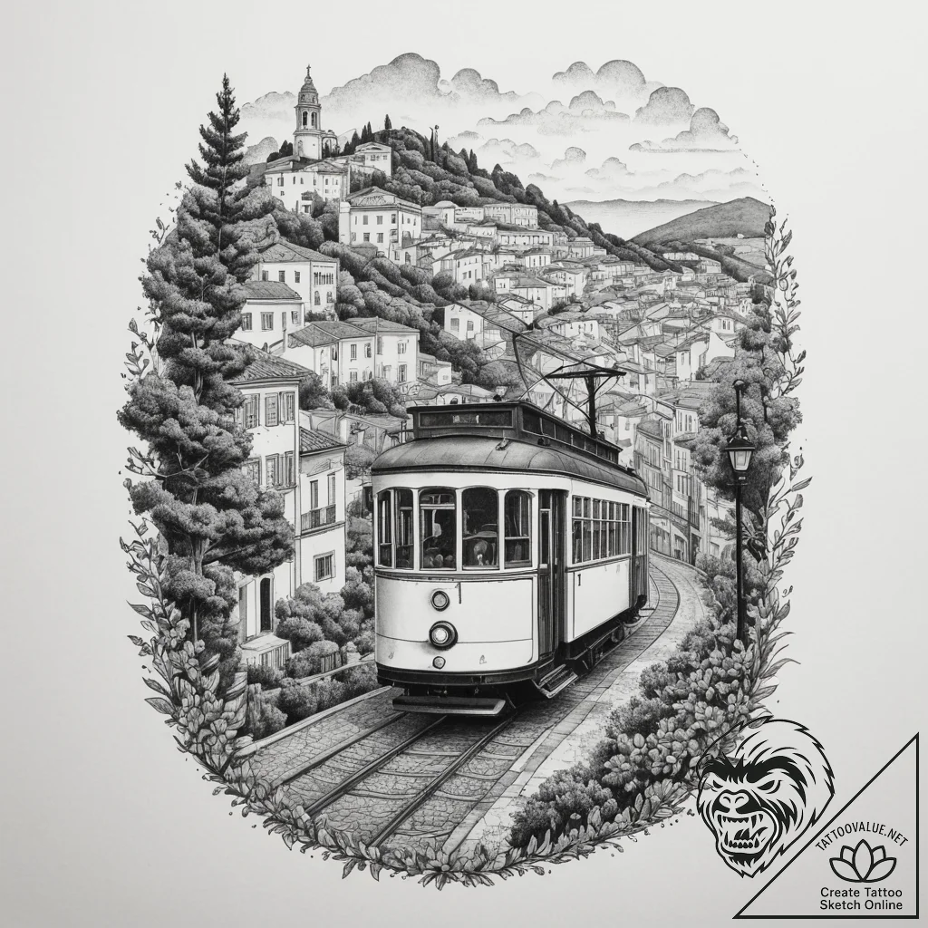 A vintage tram climbing a steep hill in lisbo... - tattoo sketch (№1755581472_0, 19.08.2025 05:31) — tattoovalue.net