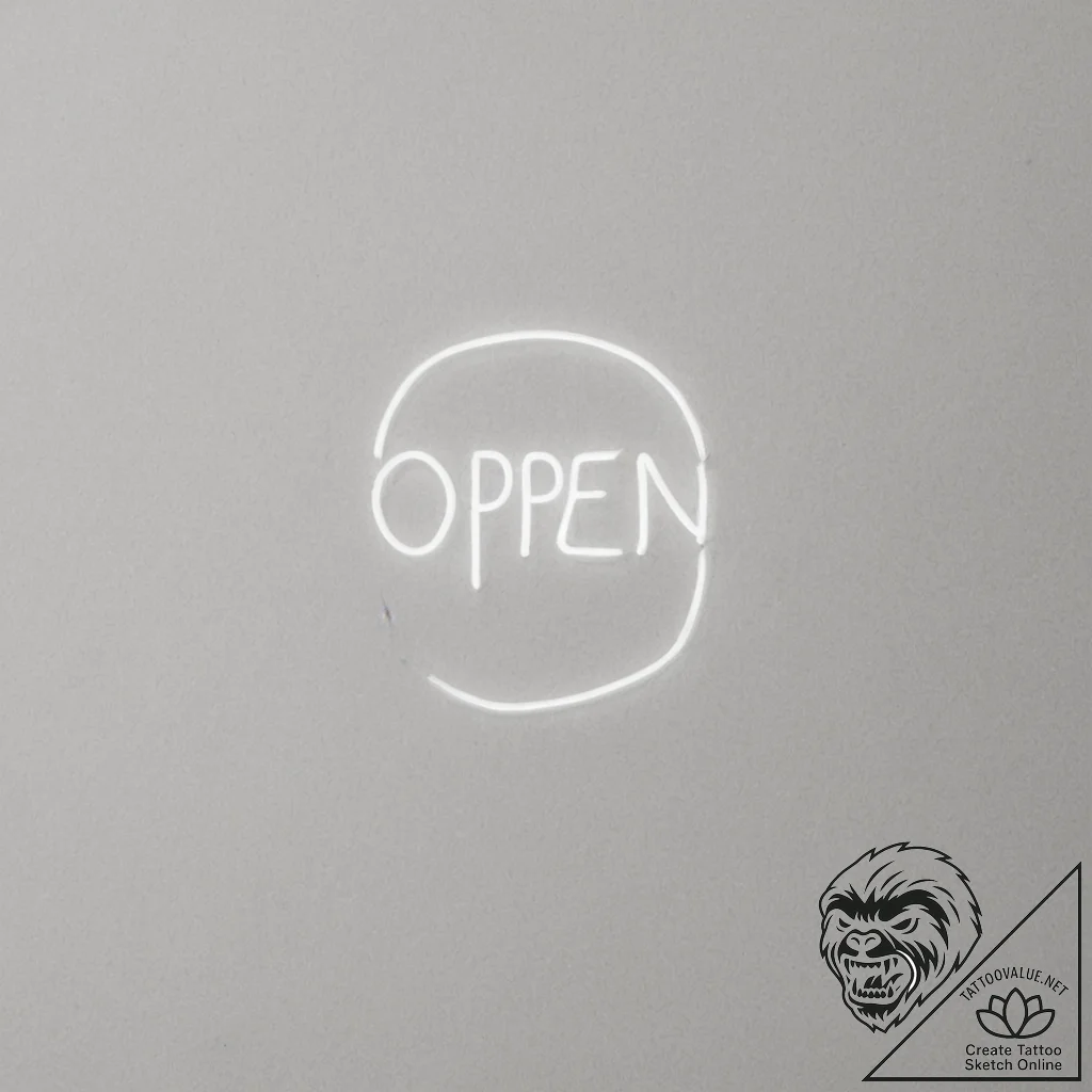 A neon "open" sign glowing in a window on a d... - tattoo sketch (№1755582265_0, 19.08.2025 05:44) — tattoovalue.net