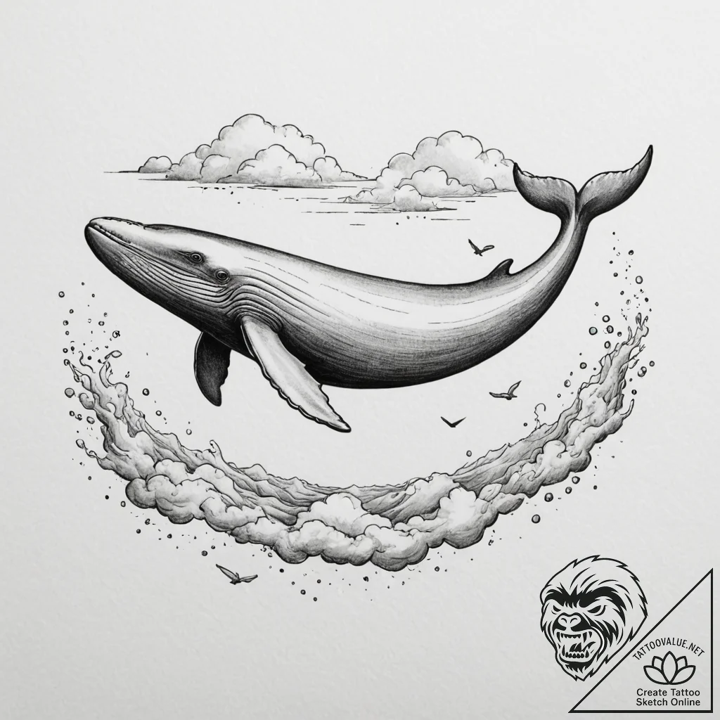 A whale swimming through clouds, tattoo sketc... - tattoo sketch (№1755583648_0, 19.08.2025 06:07) — tattoovalue.net